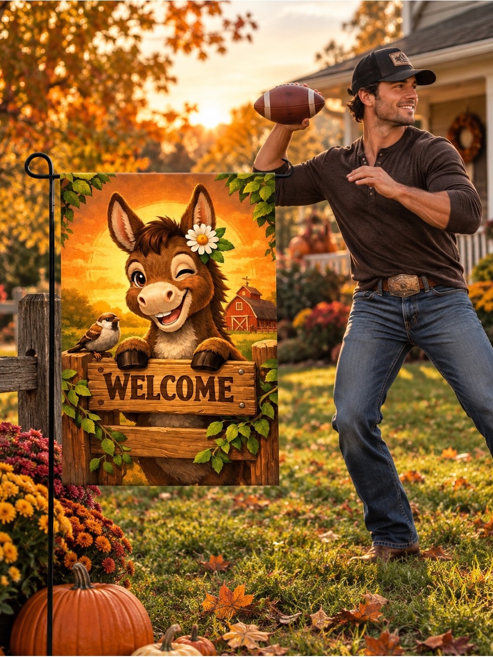 Welcome Donkey Garden Flag - Cheerful Brown Home Yard Decor - Picture 2 of 4
